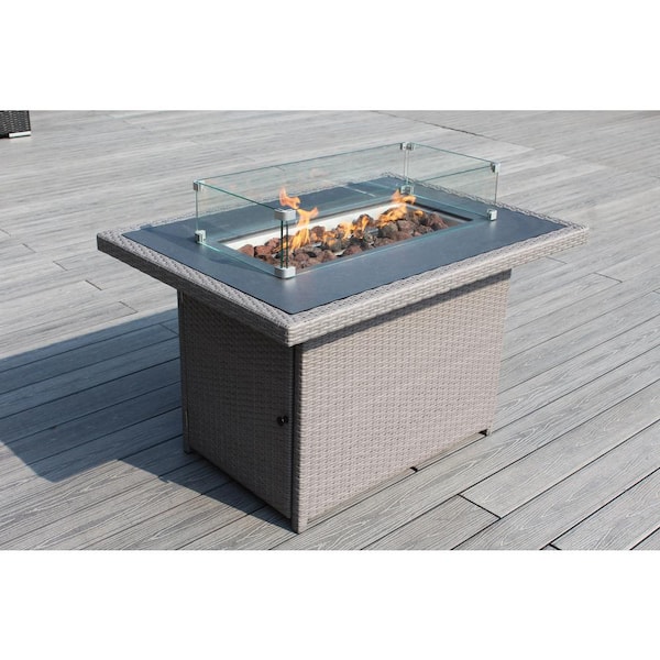 Ohana Depot Ohana Gray Rectangular Wicker 42 in. Fire Pit Table with Lid Lava Rocks and Glass Wind Guard