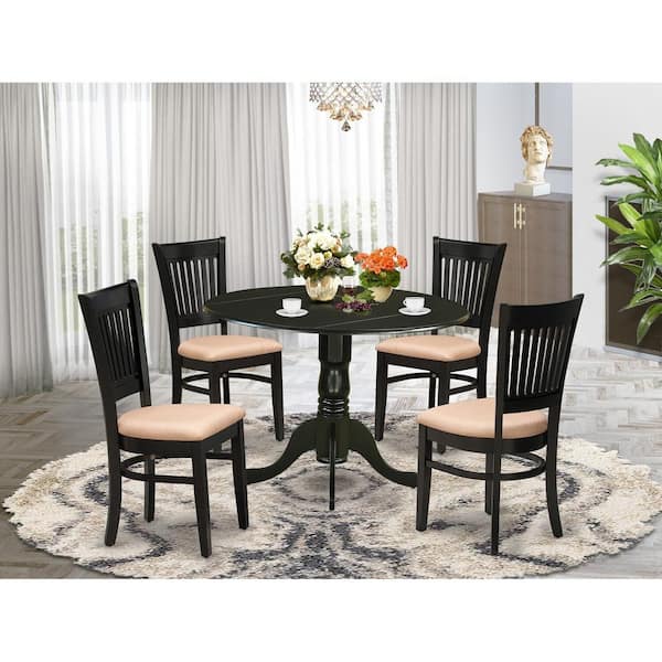 5-Piece Black Finish Solid Wood Top Dining table with 4 Chairs with Drop Leaf Slat Back