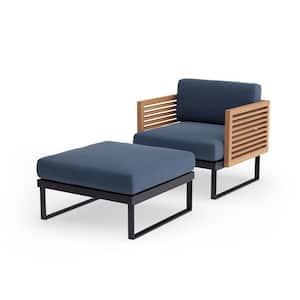 Monterey 2 Piece Aluminum Teak Outdoor Patio Chat Chair and Ottoman Set with Spectrum Indigo Cushions