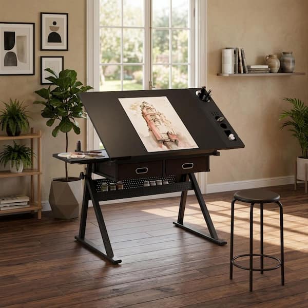 Brentonis 54.33 in. Rectangle Black Wood and Black Metal 2-Drawers Drafting Table Writing Desk with Stool