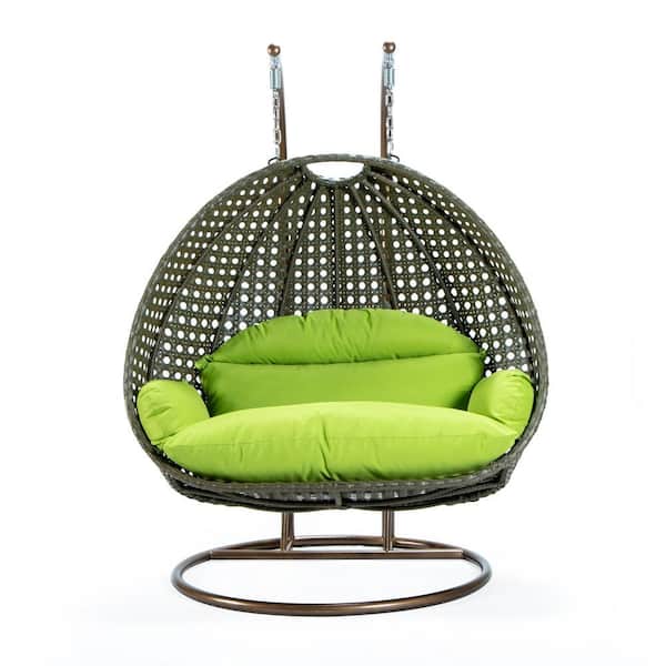 2-Person Egg Swing Chair Beige Wicker Outdoor Patio Hanging Chair with Light Green Cushions