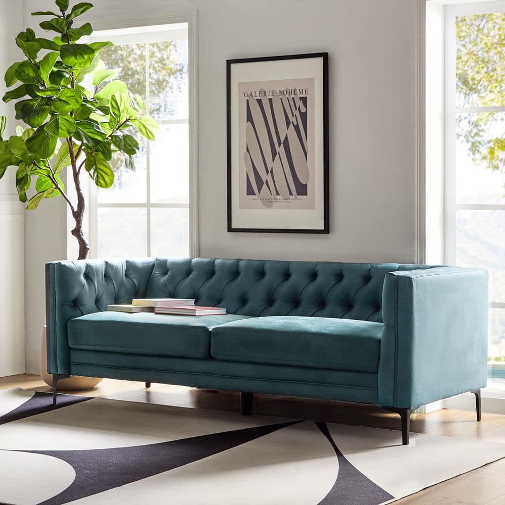 Eridu Contemporary 84 in. Square Arm Faux Leather Button-Tufted design Tuxedo Rectangle Sofa in Blue price history on PriceWatchPro