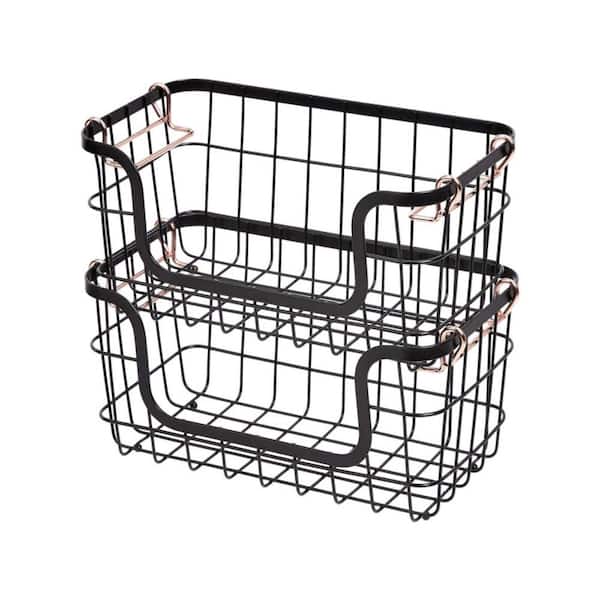 2 Piece Stackable Black Metal Wire Fruit Basket Set