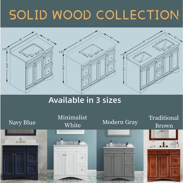 Solid Wood 36 in. W x 22 in. D x 39.3 in. H Single Sink Bath Vanity in Navy Blue with Carrara White Natural Marble Top