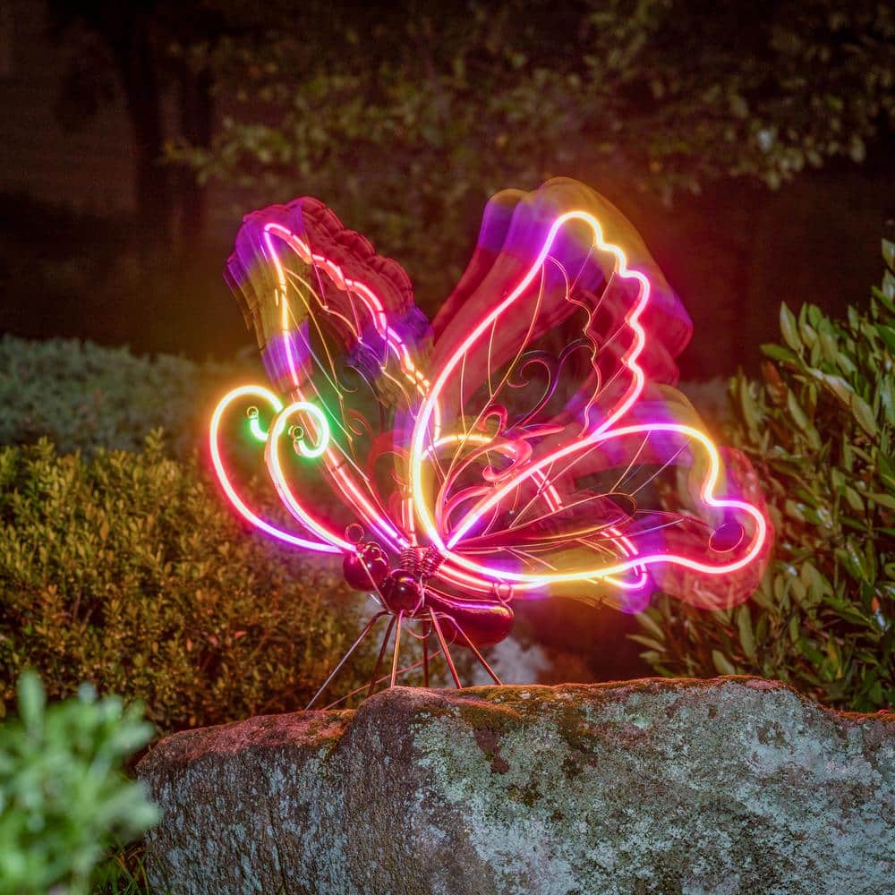 28" Multicolor Solar Neon Butterfly Garden Statue