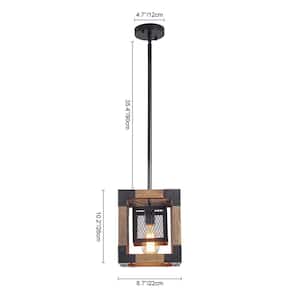 LIBERTAB 8.7 in.W 1-Light Black and Brown Wood Cage Pendant Farmhouse Rustic Hanging Light for Foyer Entryway Dining