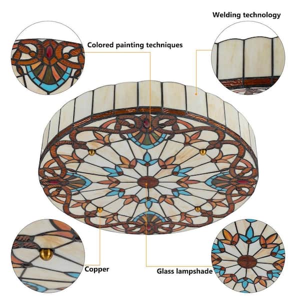 OUKANING 19.68 in. 4-Light Colorful Mosaic Vintage Tiffany Flush