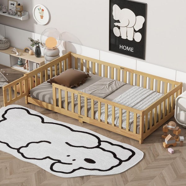 Natural Yellow Wood Frame Twin Size Platform Bed with Fence and Door