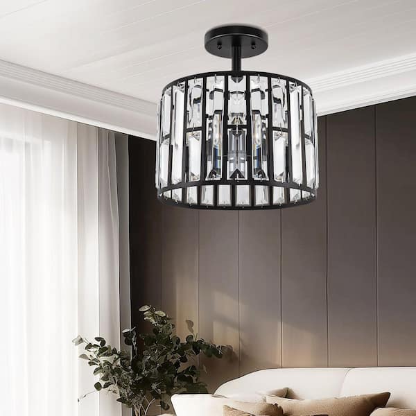 12.14 In.Matte Black 3-Light Semi Flush Mount Ceiling Light with Crystal Triangle-Bar Shade,E12 Base for Hallway,Bedroom