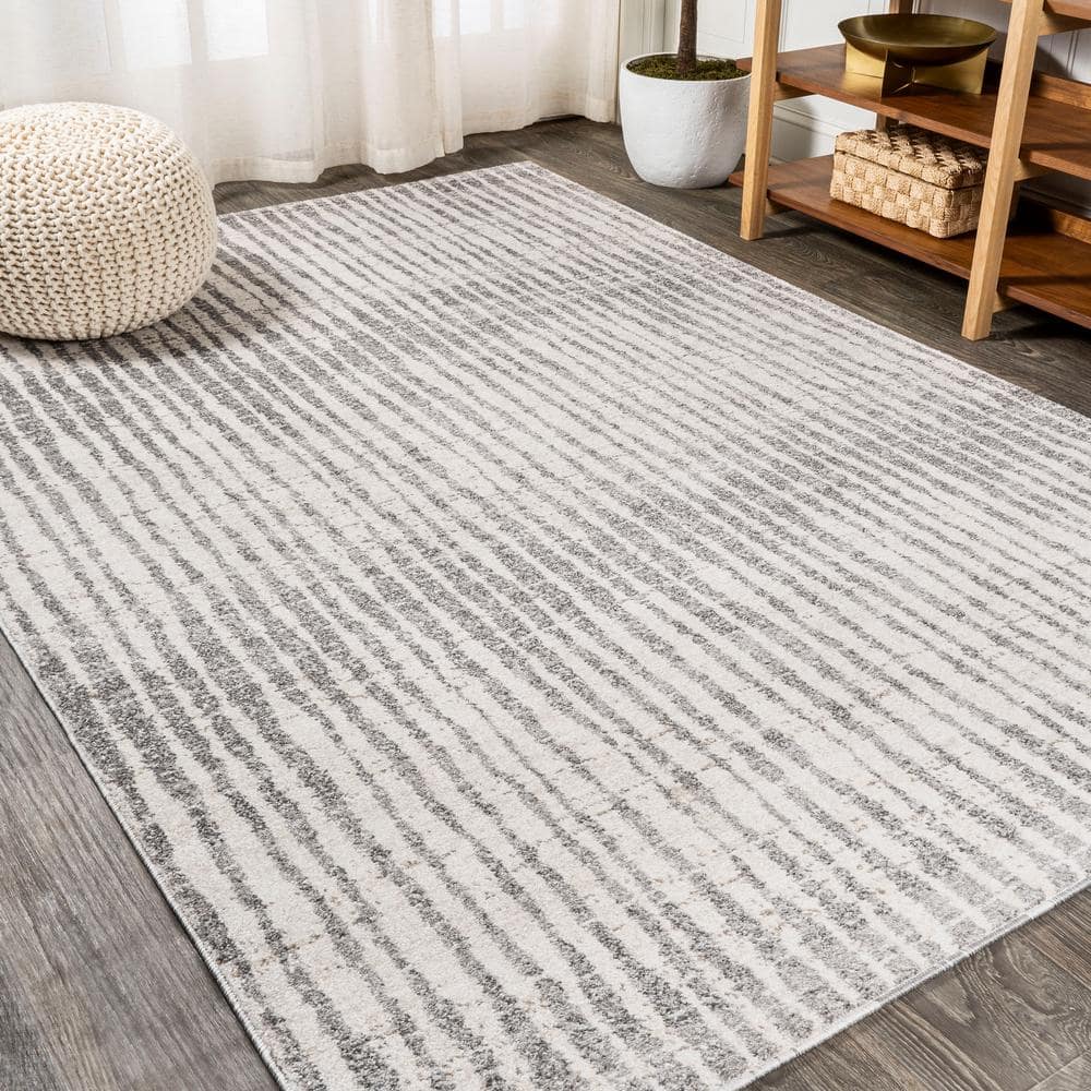 Skoura 3' x 5' Beige and Gray Stripe Synthetic Area Rug