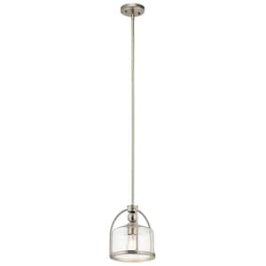 1-Light Brushed Nickel Transitional Shaded Kitchen Mini Pendant Hanging Light with Clear Glass
