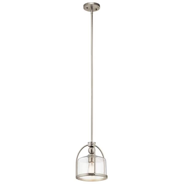 1-Light Brushed Nickel Transitional Shaded Kitchen Mini Pendant Hanging Light with Clear Glass