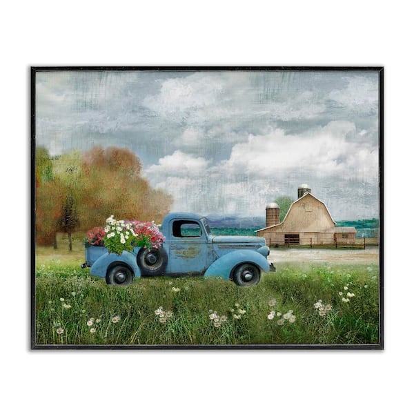 Stupell Industries Vintage Blue Truck in Meadow by Nan 1-Piece Black Framed Nature Giclee Art Print 30 in. x 24 in.