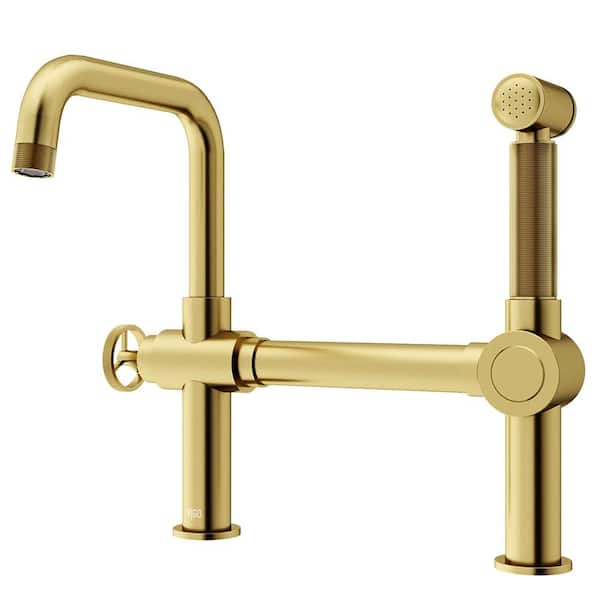 VIGO Cass Single-Handle High-Arc Widespread Bridge Kitchen Faucet with Pull-Out Side Sprayer in Matte Brushed Gold