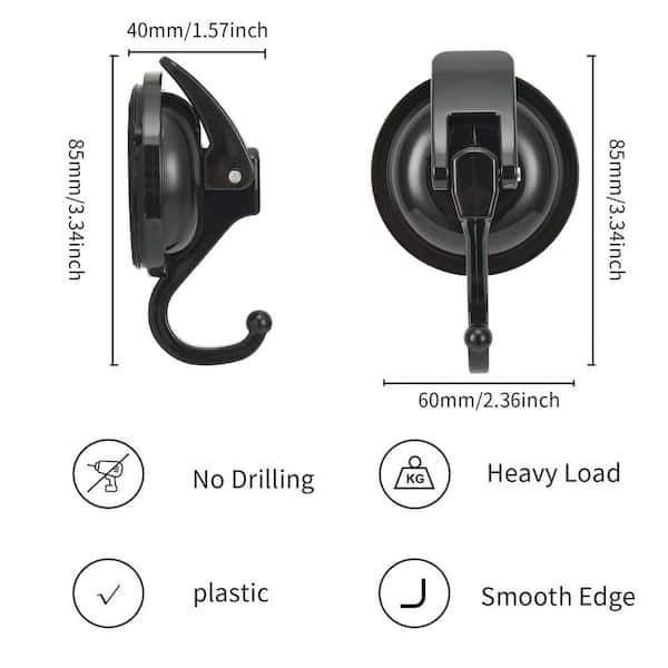 4-Pack Suction Cup Hooks, J-Hook Robe/Towel Hook in Black, Strong Suction Hanger with Curved Hook for Bathroom Kitchen