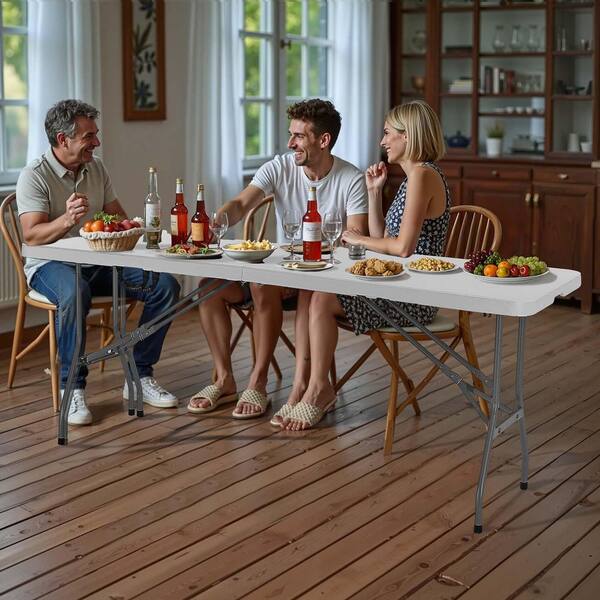 SKYSHALO 8 ft. Folding Table Heavy Duty Fold-in-Half Plastic Table