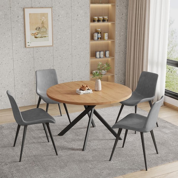 GOJANE 5-Piece Round Oak Wood Table Top, Dining Room Table Set with 4-Grey Chairs