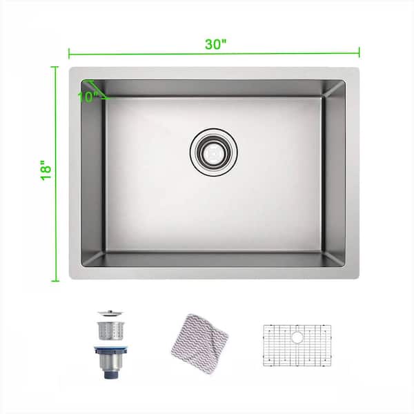 30 x 18 in. Undermount Single Bowl 16 Gauge Brushed Nickel Stainless Steel Kitchen Sink with Strainer and Bottom Grids