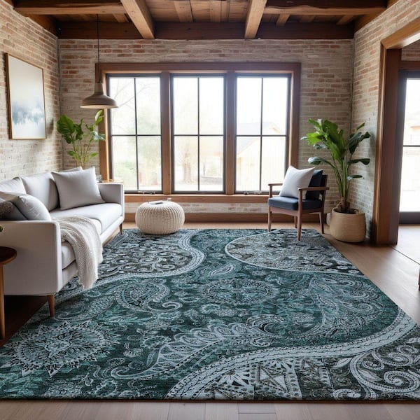 Mayfield Premium Machine Washable Abstract AMF1078 Teal 5 ft. x 7 ft. 6 in. Area Rug