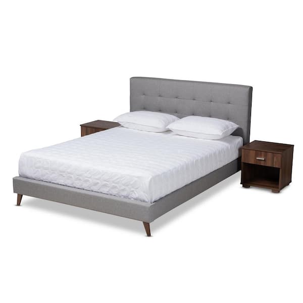 Baxton Studio Maren Gray and Walnut Queen Platform Bed with 2-Nightstands