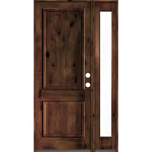 50 in. x 96 in. knotty alder Left-Hand/Inswing Clear Glass Red Mahogany Stain Square Top Wood Prehung Front Door w/RFSL