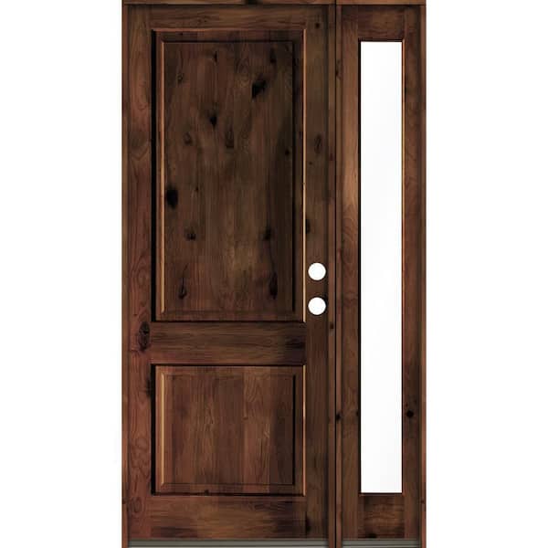 Krosswood Doors 50 in. x 96 in. knotty alder Left-Hand/Inswing Clear Glass Red Mahogany Stain Square Top Wood Prehung Front Door w/RFSL