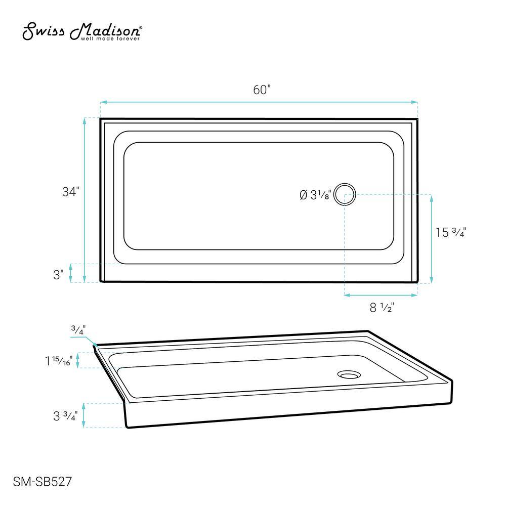 Voltaire 60" x 34" White Acrylic Shower Base with Right Drain