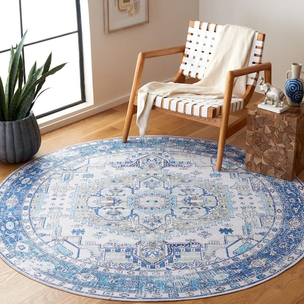 Arizona Beige/Blue 6 ft. x 6 ft. Machine Washable Traditional Medallion Round Area Rug