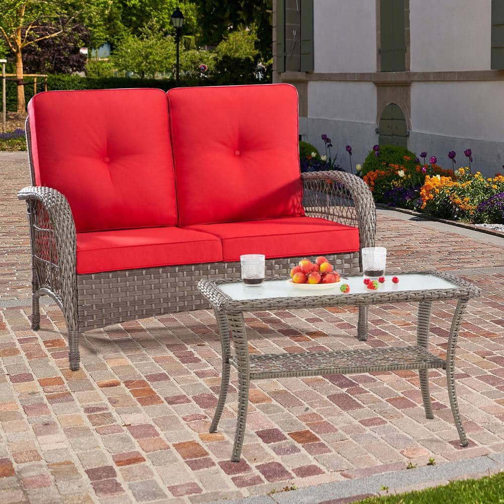 Red Cushioned Wicker Loveseat and Table Set with Black Iron Frame