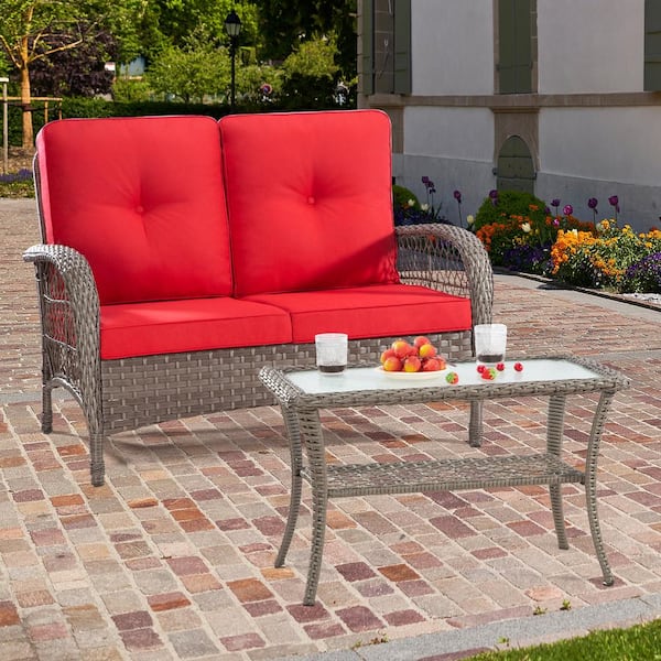 MEOOEM 2-Piece Wicker Outdoor Loveseat Conversation Set with Glass Top Table, Metal Frame with Red Cushions