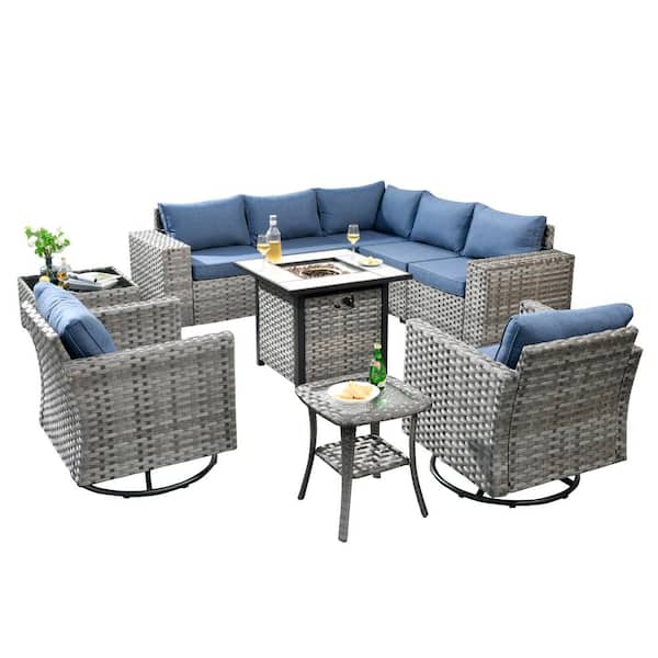Crater Grey 10-Piece Wicker Outdoor Patio Fire Pit Conversation Sofa Set with Swivel Chairs and Denim Blue Cushions