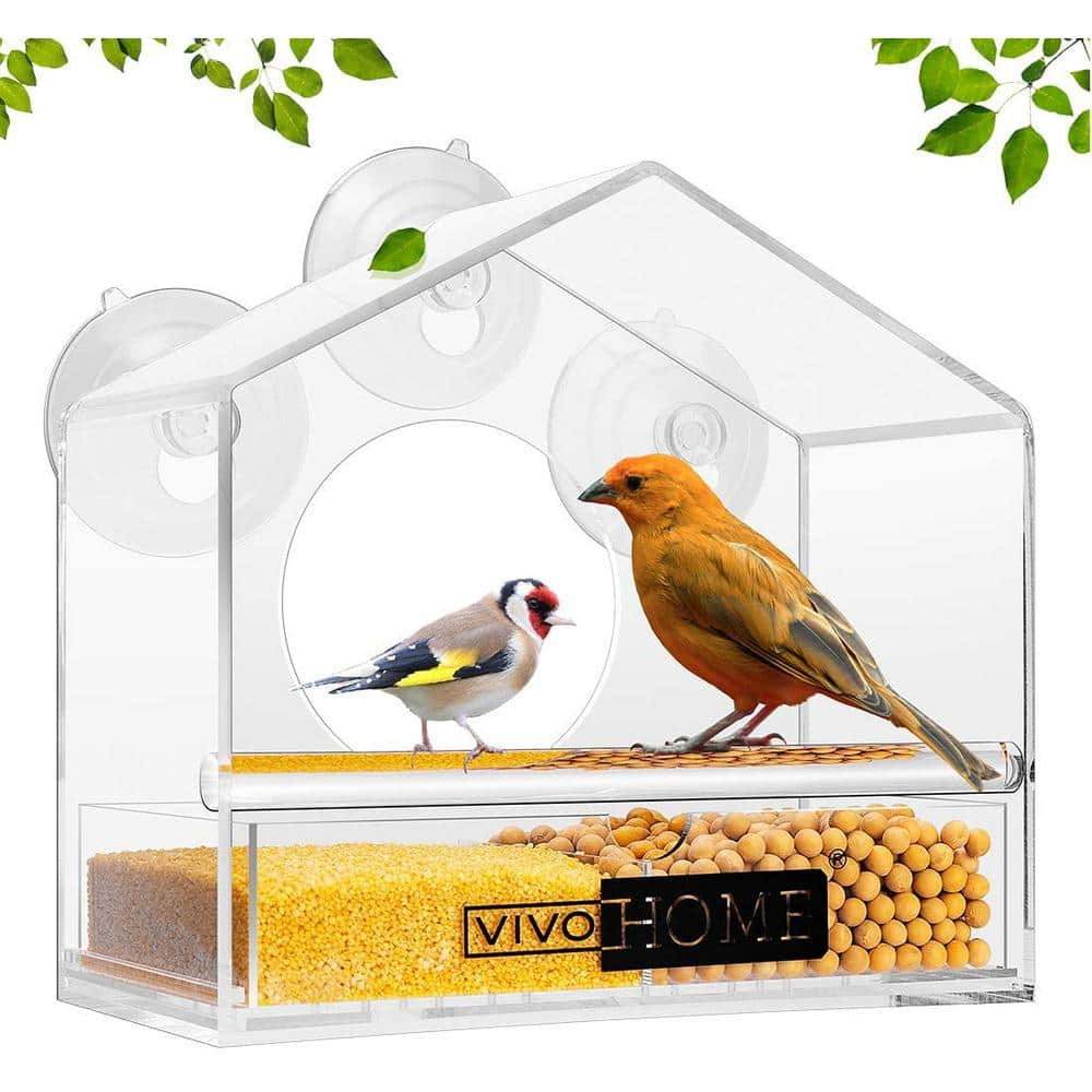 Deluxe Clear Window Bird Feeder, Large Wild Birdfeeder With Drain Holes,  Removable Tray, Super Strong Suction Cups, Transparent Viewing, Covered,  High Seed Capacity, Rubber Perch 