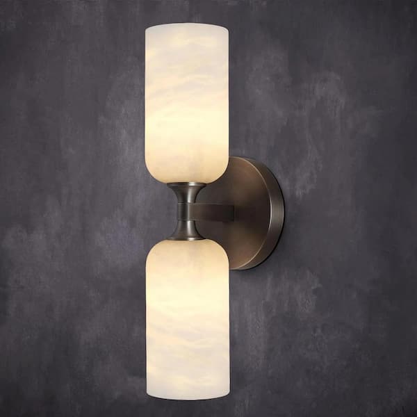 14in. 2-Light Black Modern Natural Alabaster Wall Sconce, Brass Bathroom Sconces for Living Room, Staircase, Hallway