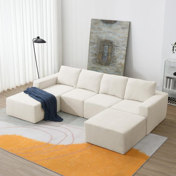 sumyeg 110 in. Modern U-Shaped Chenille Sectional Sofa in. Beige