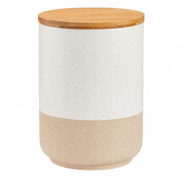 Sabine Beige Ceramic Canister with Airtight Wood Lid, 74 oz Decorative Food Storage Jar