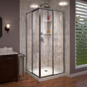 Cornerview 42 in. W x 74.75 in. H Corner Shower Kit with Sliding Framed Shower Door in Brushed Nickel and Shower Pan