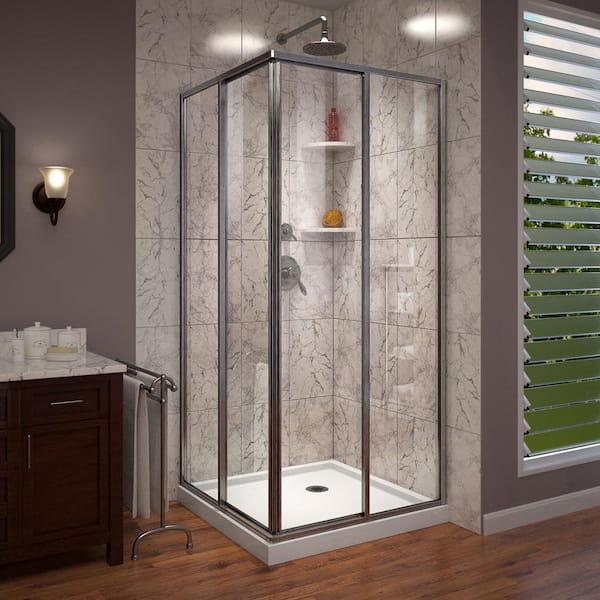 DreamLine Cornerview 42 in. W x 74.75 in. H Corner Shower Kit with Sliding Framed Shower Door in Brushed Nickel and Shower Pan