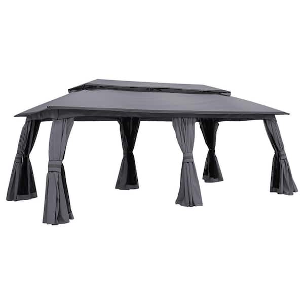 20 ft. x 10 ft. Outdoor Patio Gazebo with Double Roof, Mosquito Netting, and Gray Curtains