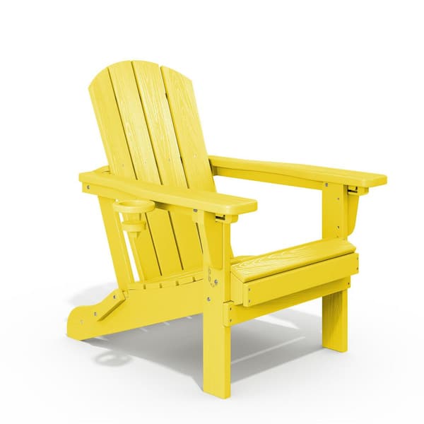 JEAREY Weather Resistant Plastic HDPE Outdoor Patio Folding Adjustable Adirondack Chair with Cup Holder in Lemon Yellow
