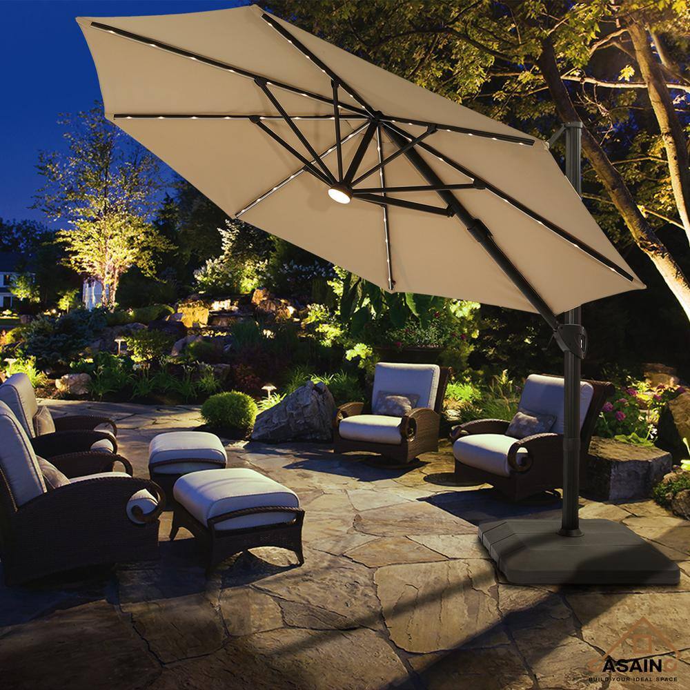 CASAINC 11 ft. Solar Tube Light-Emitting Diode Outdoor Hanging Aluminum  Cantilever Patio Umbrella in Beige, with Crank and Base CS-WF-11BG_LED -  The Home Depot