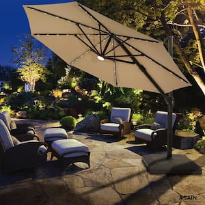 11 ft. Solar Tube Light-Emitting Diode Outdoor Hanging Aluminum Cantilever Patio Umbrella in Beige, with Crank and Base