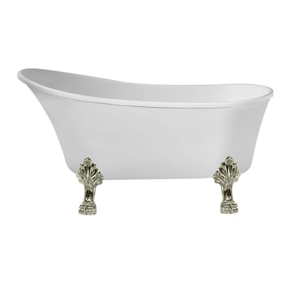 Streamline 67 in. Acrylic Clawfoot Non-Whirlpool Bathtub in Glossy White With Brushed Nickel Clawfeet And Brushed Nickel Drain