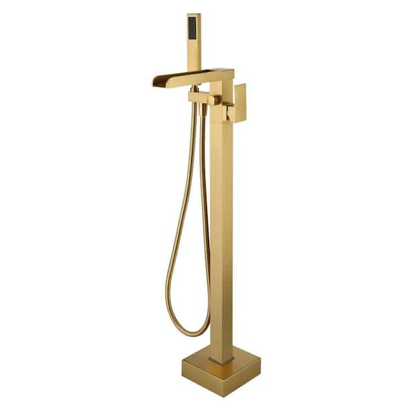 Aosspy 2-Handle Freestanding Waterfall Tub Faucet with Hand Shower in Brushed Gold
