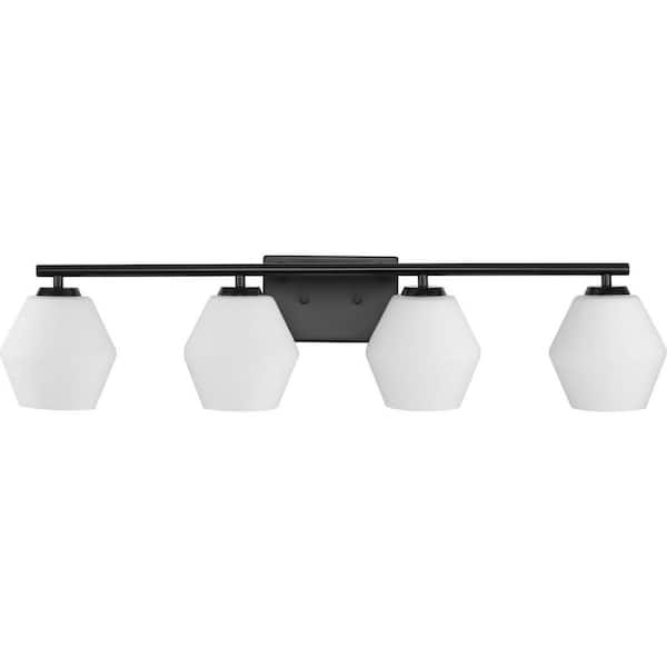 Copeland Collection 33 in. 4-Light Matte Black Vanity Light with Etched Opal Glass Shades