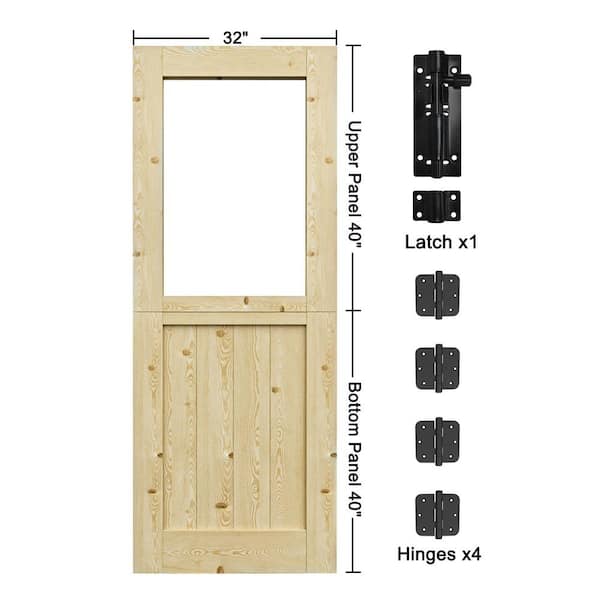32 in. x 80 in. Solid Pine Universal 1-Lite Clear Glass Unfinished Pine Wood Front Door Slab-Dutch Door Design
