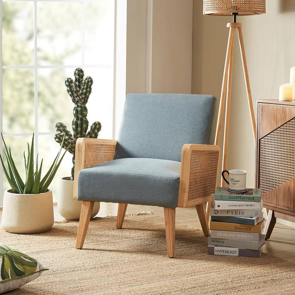 Handcrafted Blue Velvet Accent Chair with Rattan Armrests