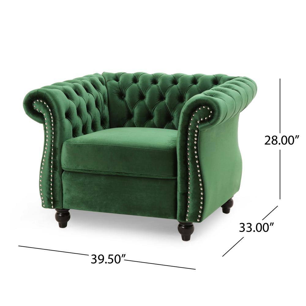 Emerald Velvet Chesterfield Accent Chair with Birch Wood Legs