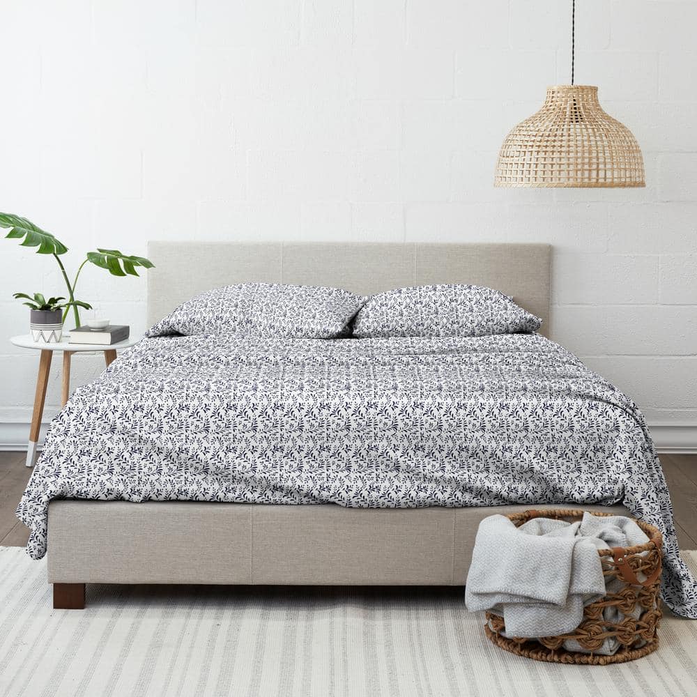 California King Light Blue Floral Microfiber Bed Sheet Set