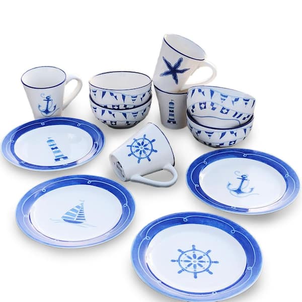 Euro Ceramica Ahoy Blue/White Stoneware 12-Piece Dessert Set (Service for 4)