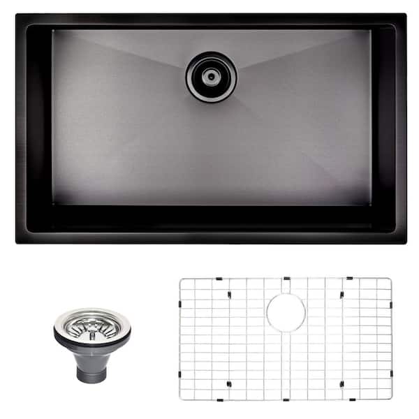 WOWOW Kitchen Sink Matte Black 18-Gauge Stainless Steel 32 in. Single Bowl Undermount Kitchen Sink with Sink Grid